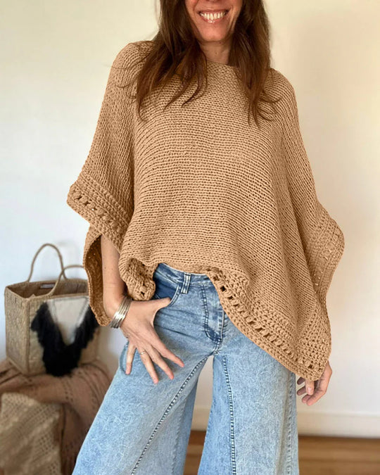 Damen Leichtes Oversize Strickponcho mit Häkelkante EB