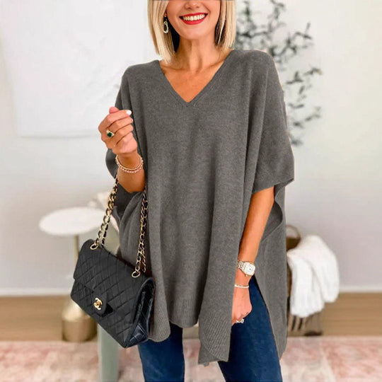 Damen Strickponcho mit V-Ausschnitt und lässigem Schnitt EB