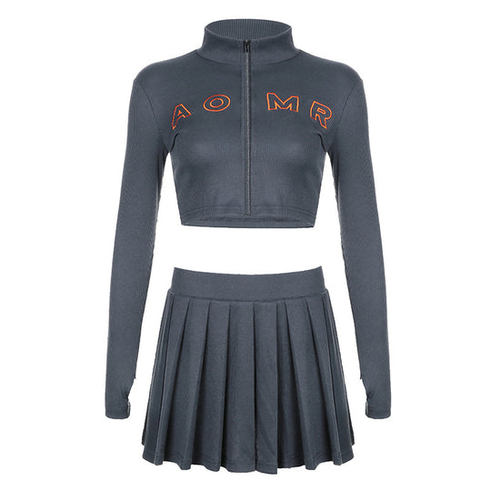 Damen nan geripptes zweiteiliges Crop-Set mit Reißverschluss, Stehkragen und plissiertem Faltenrock EB