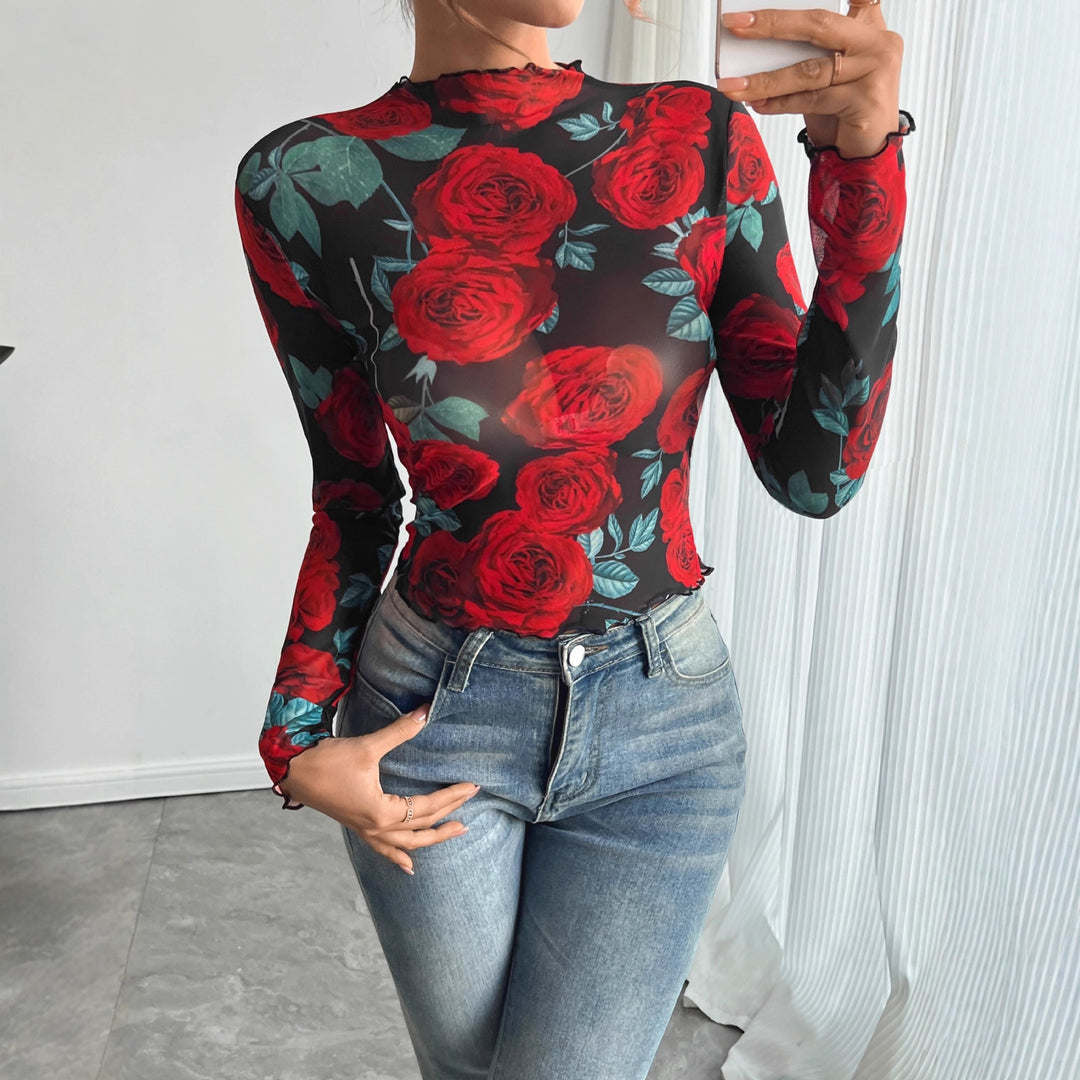 Damen Transparente Bluse mit floralem Muster und hohem Kragen EB