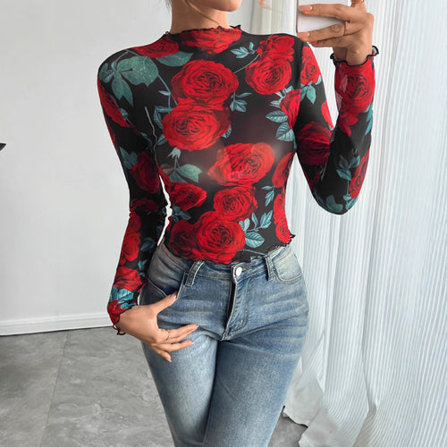 Damen Transparente Bluse mit floralem Muster und hohem Kragen EB