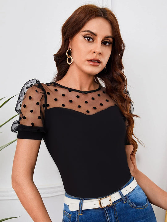 Damen Elegantes Oberteil mit transparenten Puffärmeln und Punkten EB