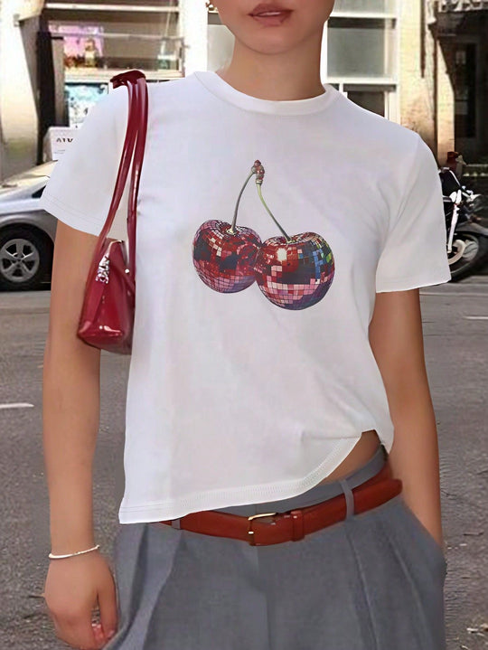 Damen T-Shirt mit kreativem Kirschmotiv und funkelndem Glitzereffekt EB