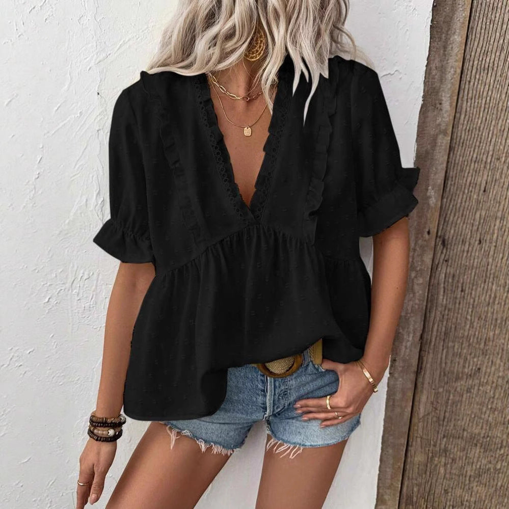 Damen luftige Bluse mit voluminösem Rüschensaum und lockerer Passform EB