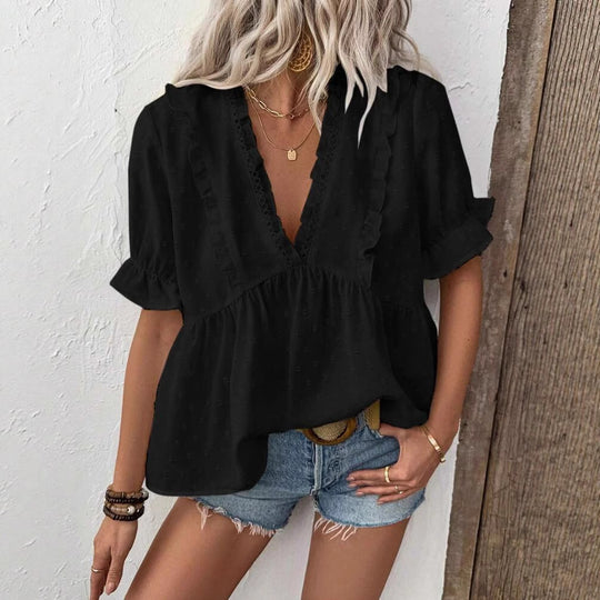 Damen luftige Bluse mit voluminösem Rüschensaum und lockerer Passform EB
