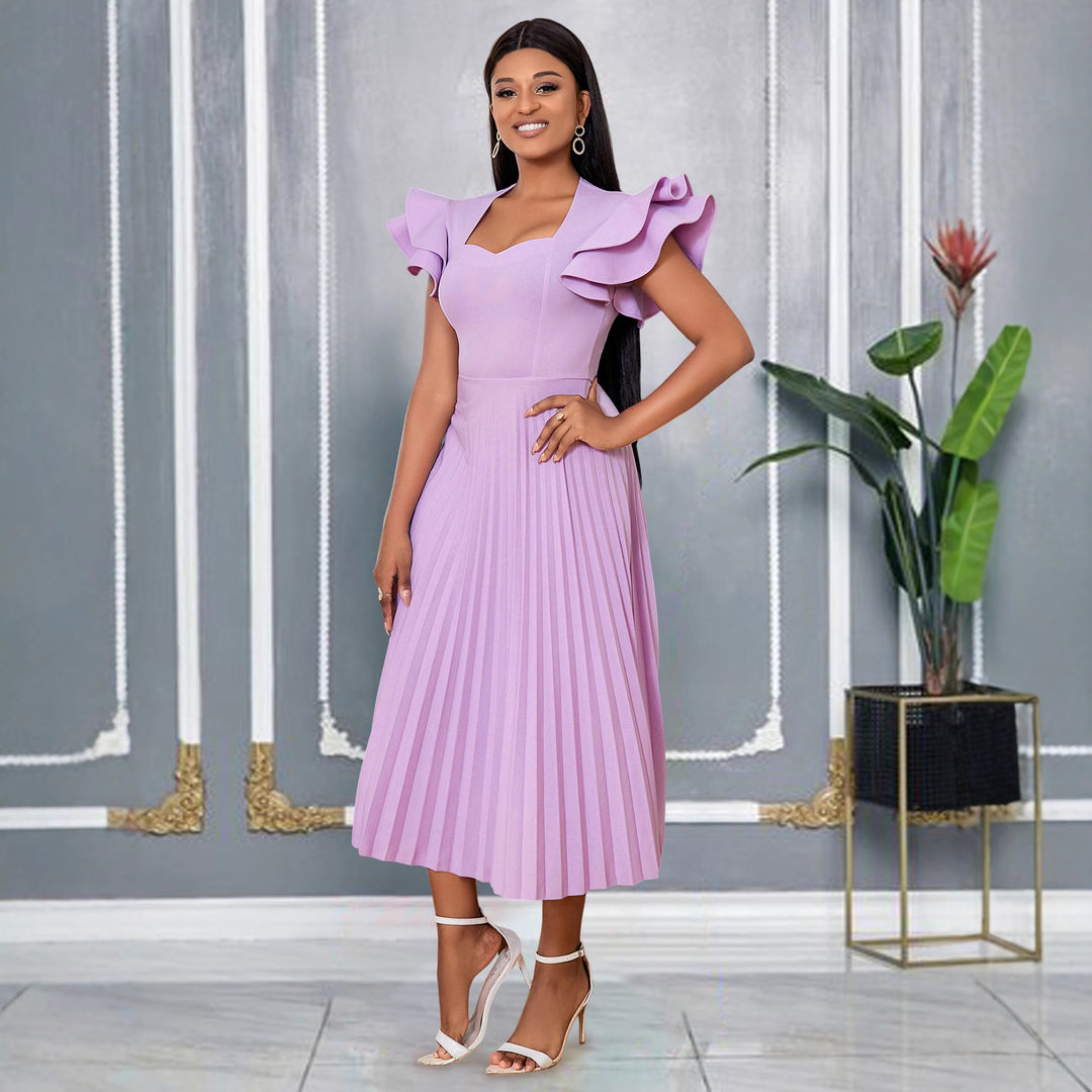Damen plissiertes Maxikleid mit eleganten Rüschendetails EB