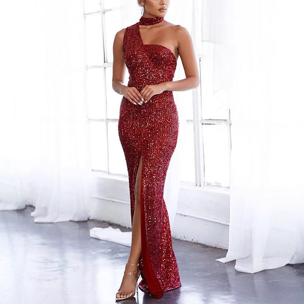 Damen Glamouröses Abendkleid mit asymmetrischem Design und funkelnden Pailletten EB