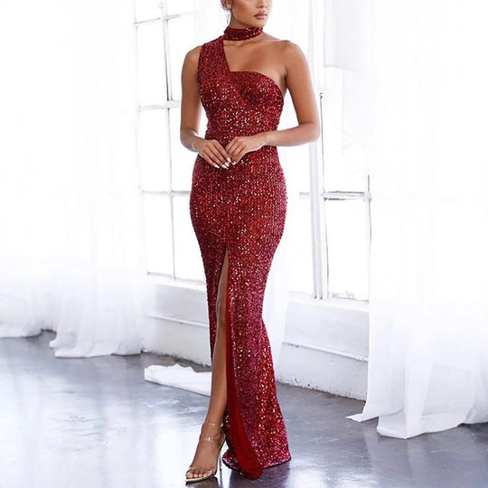 Damen Glamouröses Abendkleid mit asymmetrischem Design und funkelnden Pailletten EB