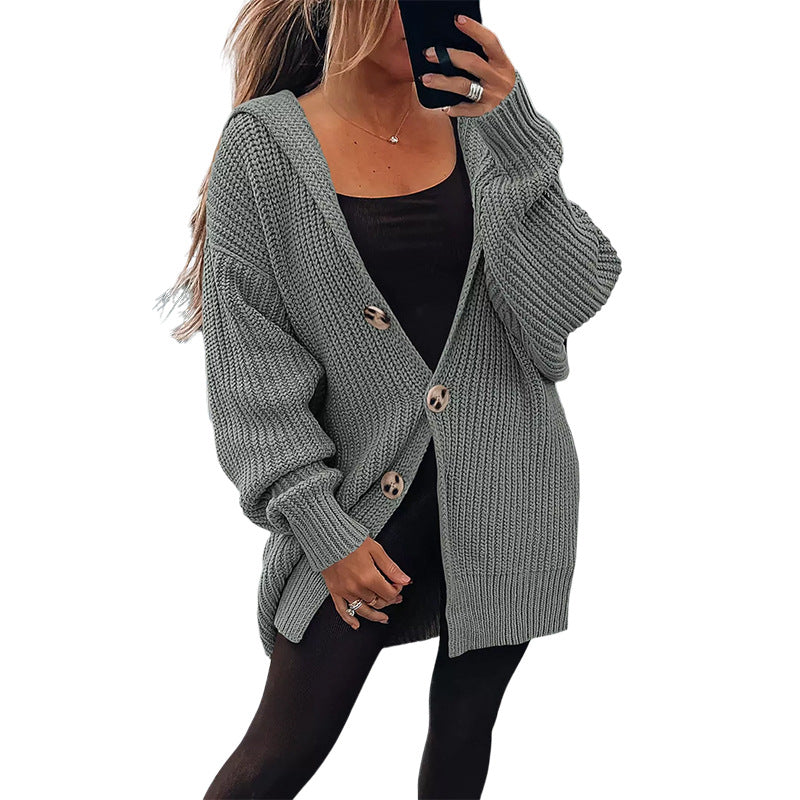 Damen Grobstrickjacke mit übergroßem Schnitt und eleganten Holzknöpfen EB