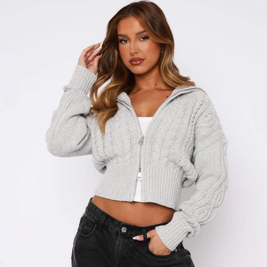 Damen cropped Strickjacke mit detailliertem Zopfmuster und hohem Kragen EB