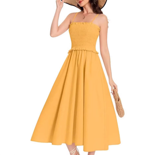 Damen Midi-Kleid mit elastischem Oberteil und weiten Rock EB
