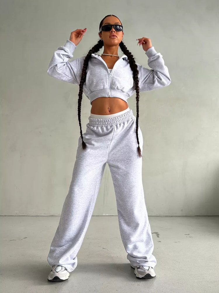Damen kurzes Zip-Kapuzensweatshirt mit tailliertem Bündchen und weitem High‑Waist French‑Terry Jogginghose Set EB