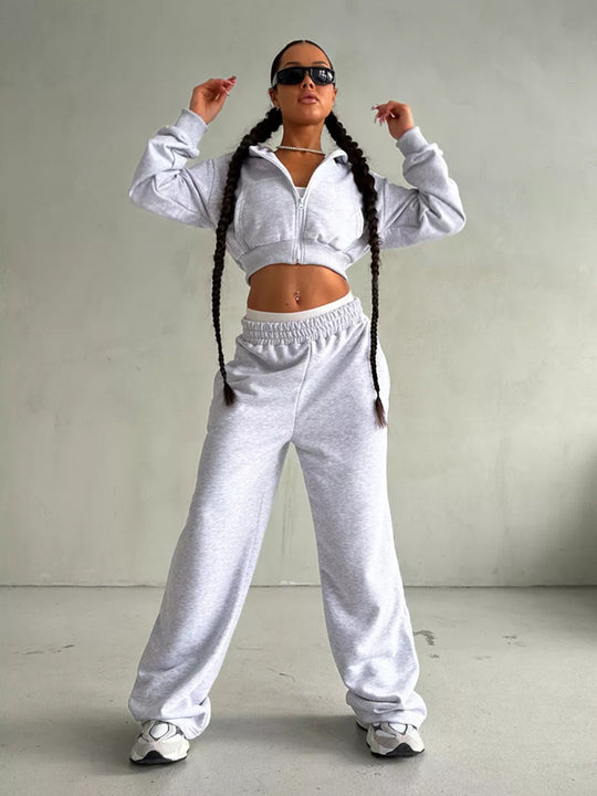 Damen kurzes Zip-Kapuzensweatshirt mit tailliertem Bündchen und weitem High‑Waist French‑Terry Jogginghose Set EB