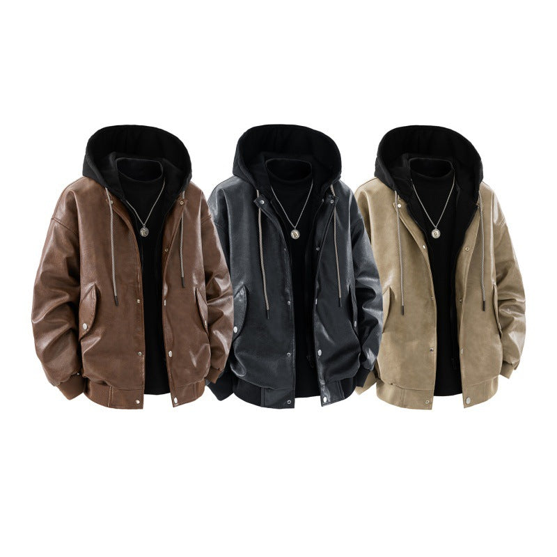 Herren oversized Kunstleder-Bomberjacke mit kontrastkapuze, Druckknopfblende und aufgesetzten Taschen EB