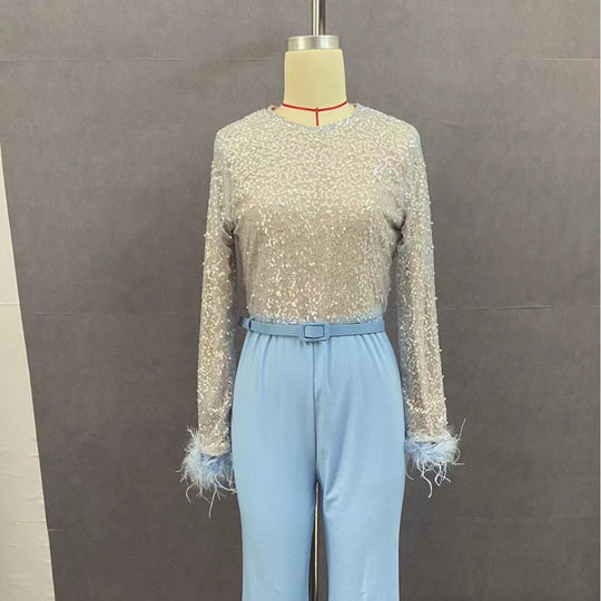 Damen Glitzerndes Oberteil mit langen Ärmeln und eleganter Hose EB
