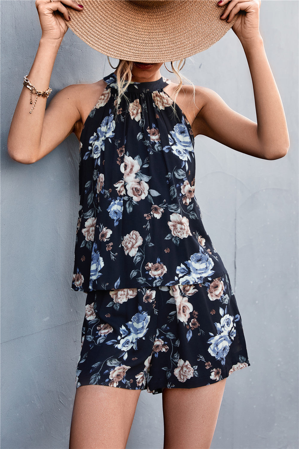 Damen luftiger Sommer-Latzanzug mit floralem Design und verstellbarem Hals EB