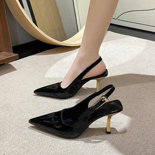 Damen elegante Slingback-Pumps mit spitzem Zehenbereich und glanzvollem Blockabsatz EB