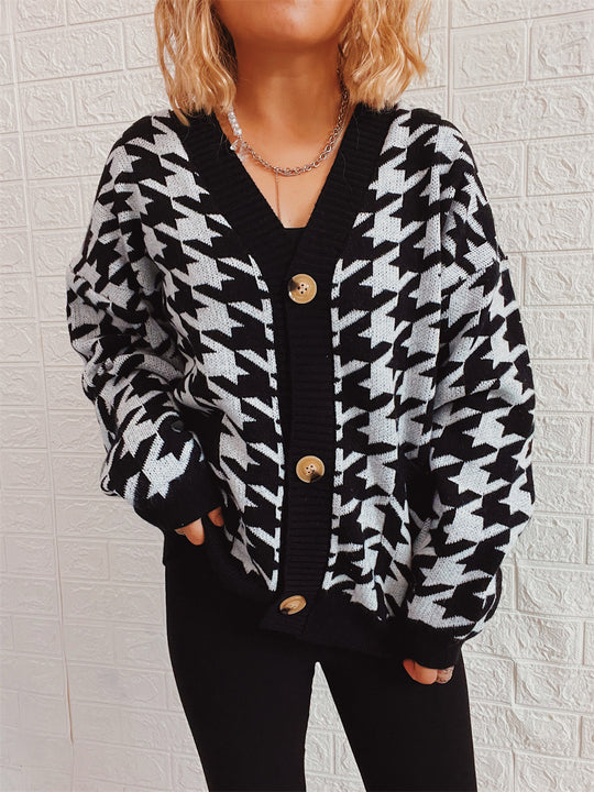 Damen gemütlicher Strickcardigan mit modernen Hahnentrittmuster und Knopfdetails EB