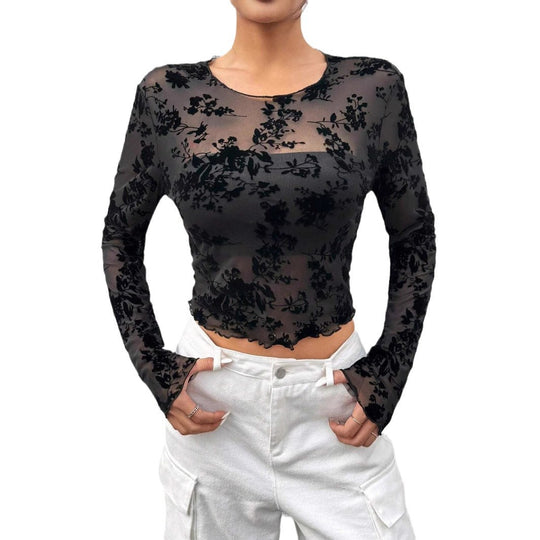 Damen Transparente Bluse mit floralem Design und feinen Spitzenakzenten EB