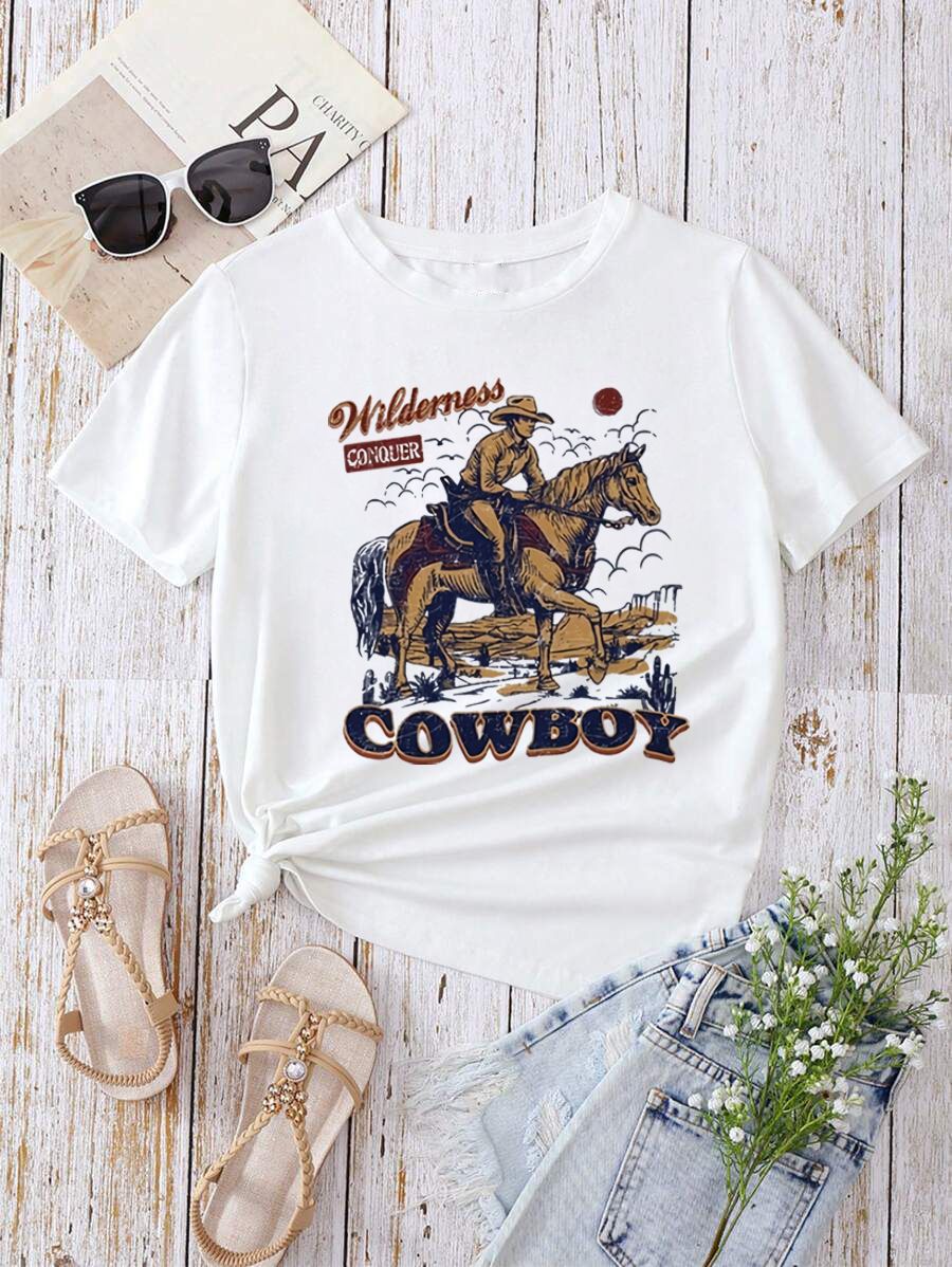 Damen T-Shirt mit kreativem Grafikdruck und luxuriösen Paillettenakzenten EB