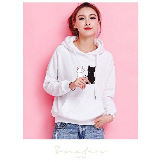 Damen Kapuzenpullover mit Katzen-Print, lockerem Schnitt und Kängurutasche EB