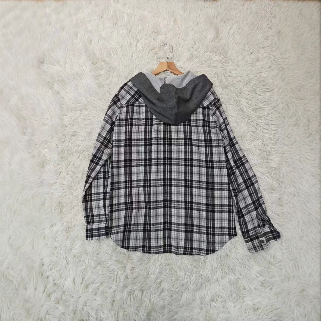 Damen lässige Flanellhemdjacke mit Kapuze und Karomuster EB