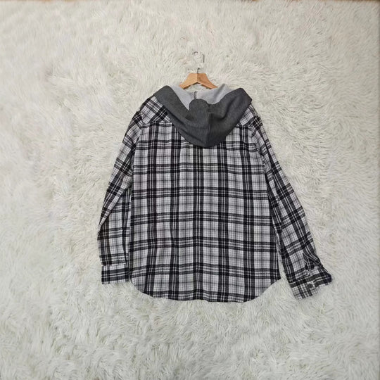 Damen lässige Flanellhemdjacke mit Kapuze und Karomuster EB