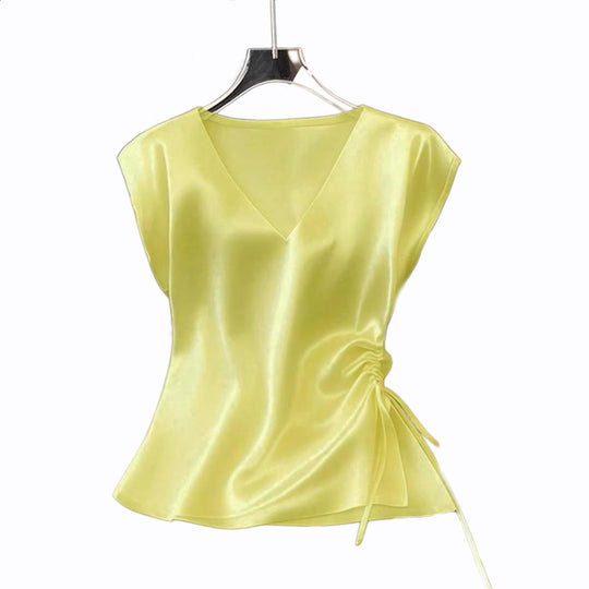Damen Satinbluse mit seitlichem Kordelzug und V-Ausschnitt EB
