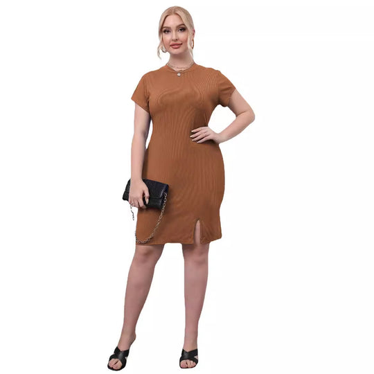 Damen elegantes Kurzarm-Kleid mit seitlichem Schlitz EB