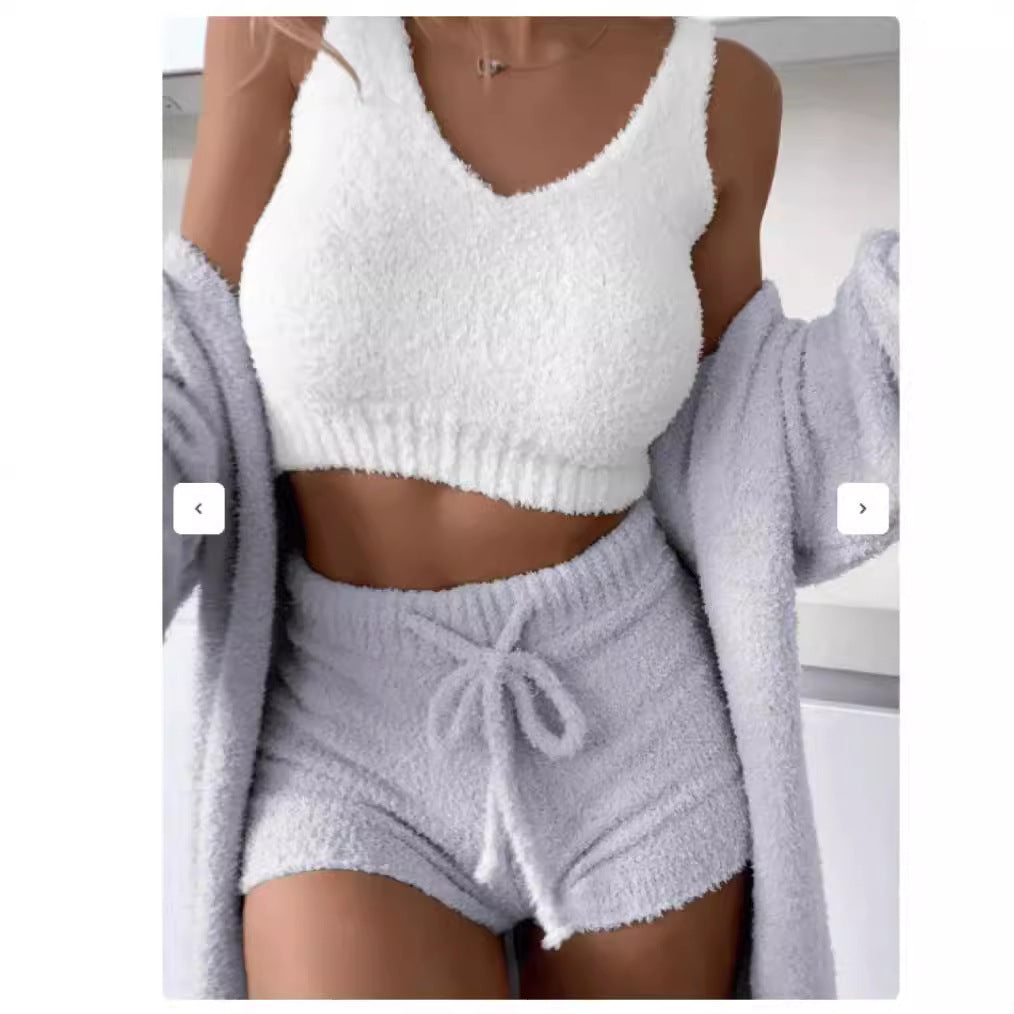Damen kuscheliges Lounge-Set mit Cropped Top und Shorts EB