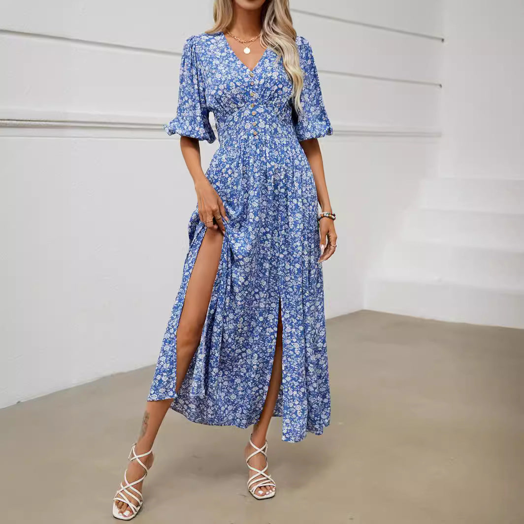 Damen Maxikleid mit floralen Mustern und seitlichem Schlitz EB