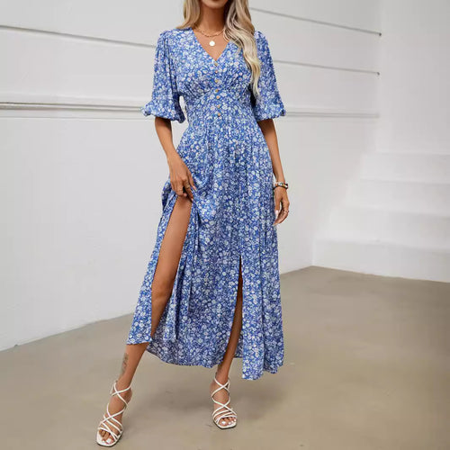 Damen Maxikleid mit floralen Mustern und seitlichem Schlitz EB