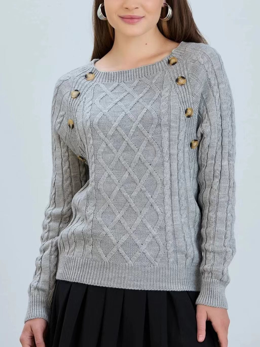 Damen Strickpullover mit klassischem Rautenmuster und dekorativen Knöpfen EB