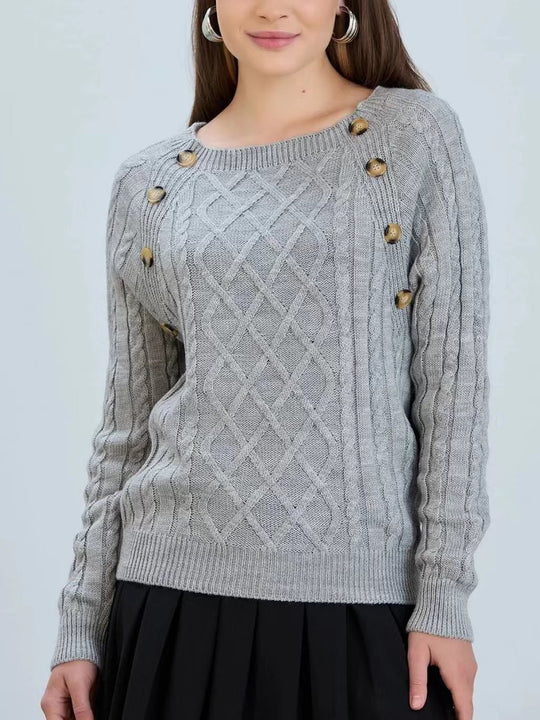 Damen Strickpullover mit klassischem Rautenmuster und dekorativen Knöpfen EB