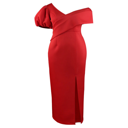 Damen Elegantes Maxikleid mit asymmetrischem Ausschnitt und voluminösen Puffärmeln EB