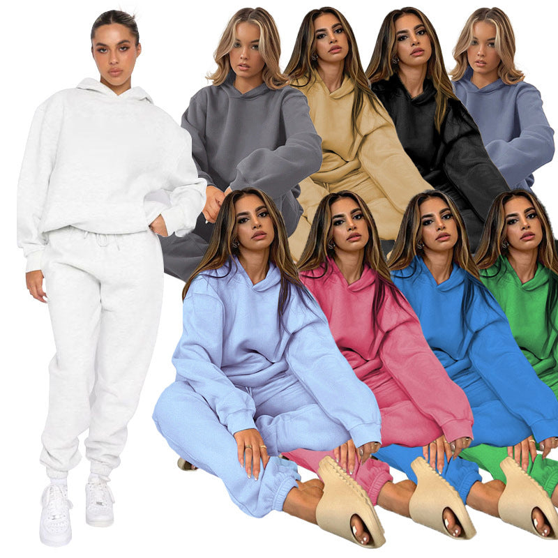 Damen nan lässiges Oversize-Kapuzenloungewear-Set mit fleecegefüttertem Hoodie und hochgeschnittener Jogginghose EB