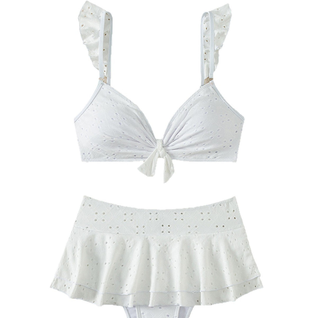 Damen Oberteil-Bikini mit Rüschendetails und knopfverzierter Schleife EB