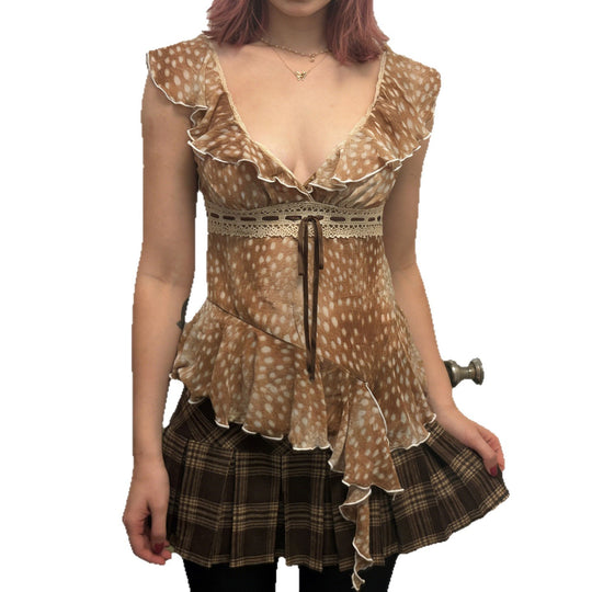 Damen asymmetrisches Sommerkleid mit Rüschen und Spitzenakzenten EB