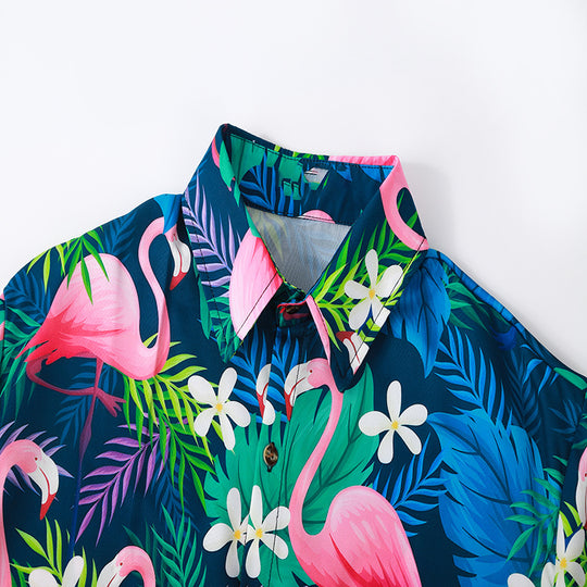 Herren Kurzarmhemd mit lebendigem Flamingo-Muster und atmungsaktiver Baumwolle EB