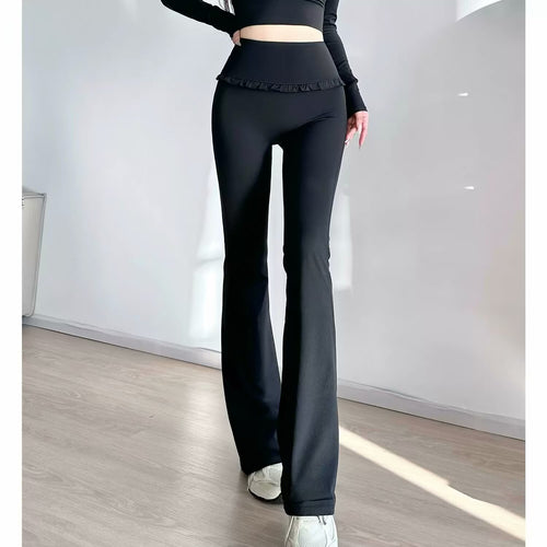 Damen Hochtaillierte Bootcut-Leggings mit Rüschendetails EB