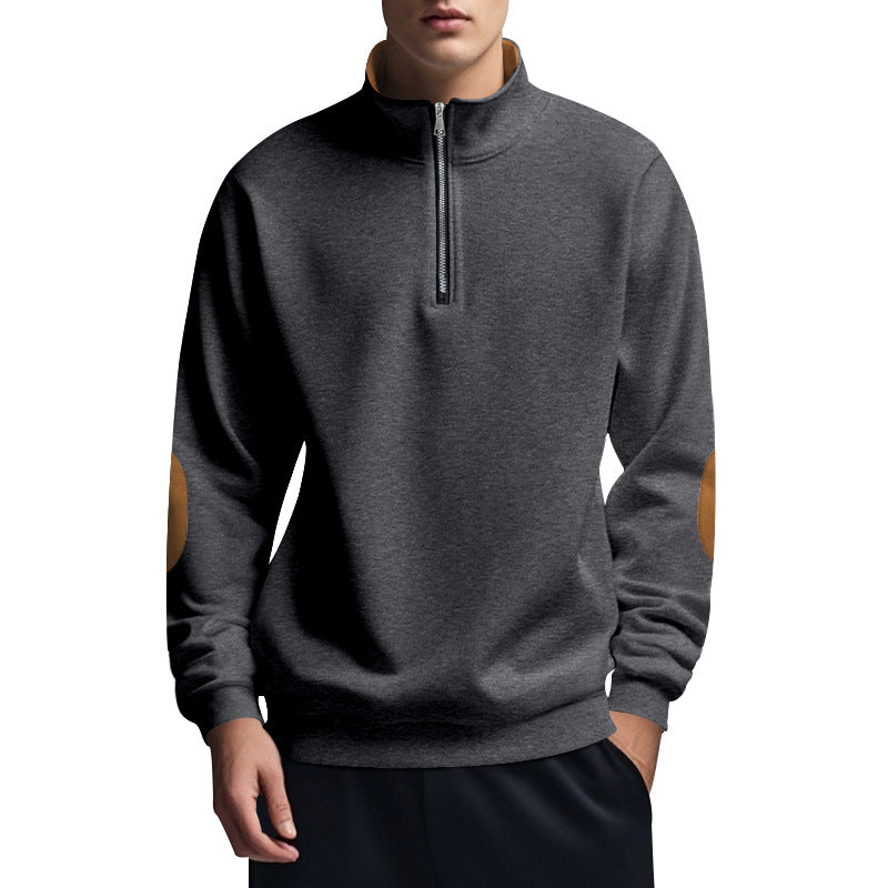Herren nan halbhoher Zip-Pullover mit Stehkragen, Ellbogen-Patches und modernem Regular Fit EB