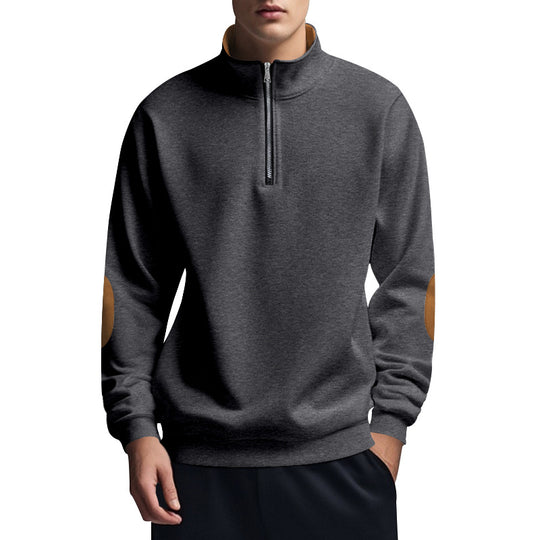 Herren nan halbhoher Zip-Pullover mit Stehkragen, Ellbogen-Patches und modernem Regular Fit EB