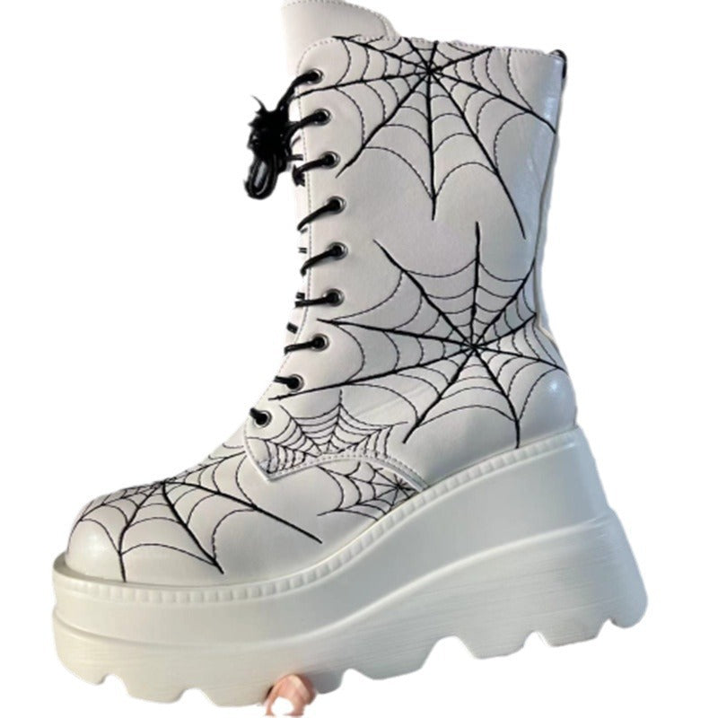 Damen High-Top Stiefel mit modischem Spinnen-Netz-Design und komfortabler Plateausohle EB