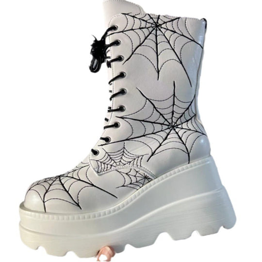 Damen High-Top Stiefel mit modischem Spinnen-Netz-Design und komfortabler Plateausohle EB