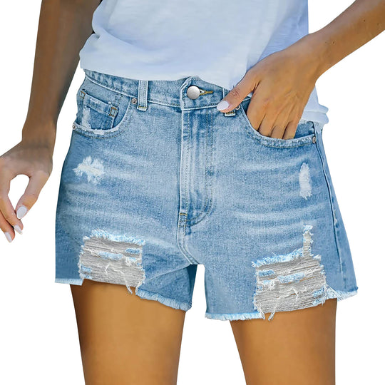 Damen Denim-Shorts im lässigen Destroyed-Look mit hohem Bund und fransigem Saum EB
