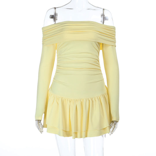 Damen Bardot-Minikleid mit Raffung, langen Ärmeln und Volantrock EB