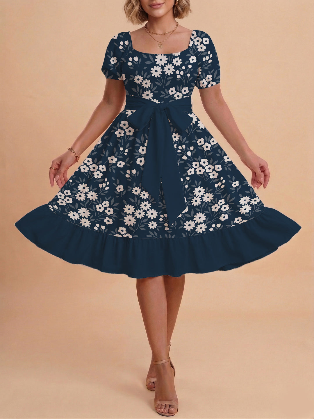 Damen Blumenkleid mit taillierbarem Gürtel und voluminösen Ärmeln EB