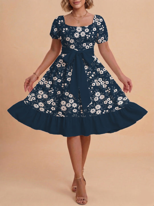 Damen Blumenkleid mit taillierbarem Gürtel und voluminösen Ärmeln EB