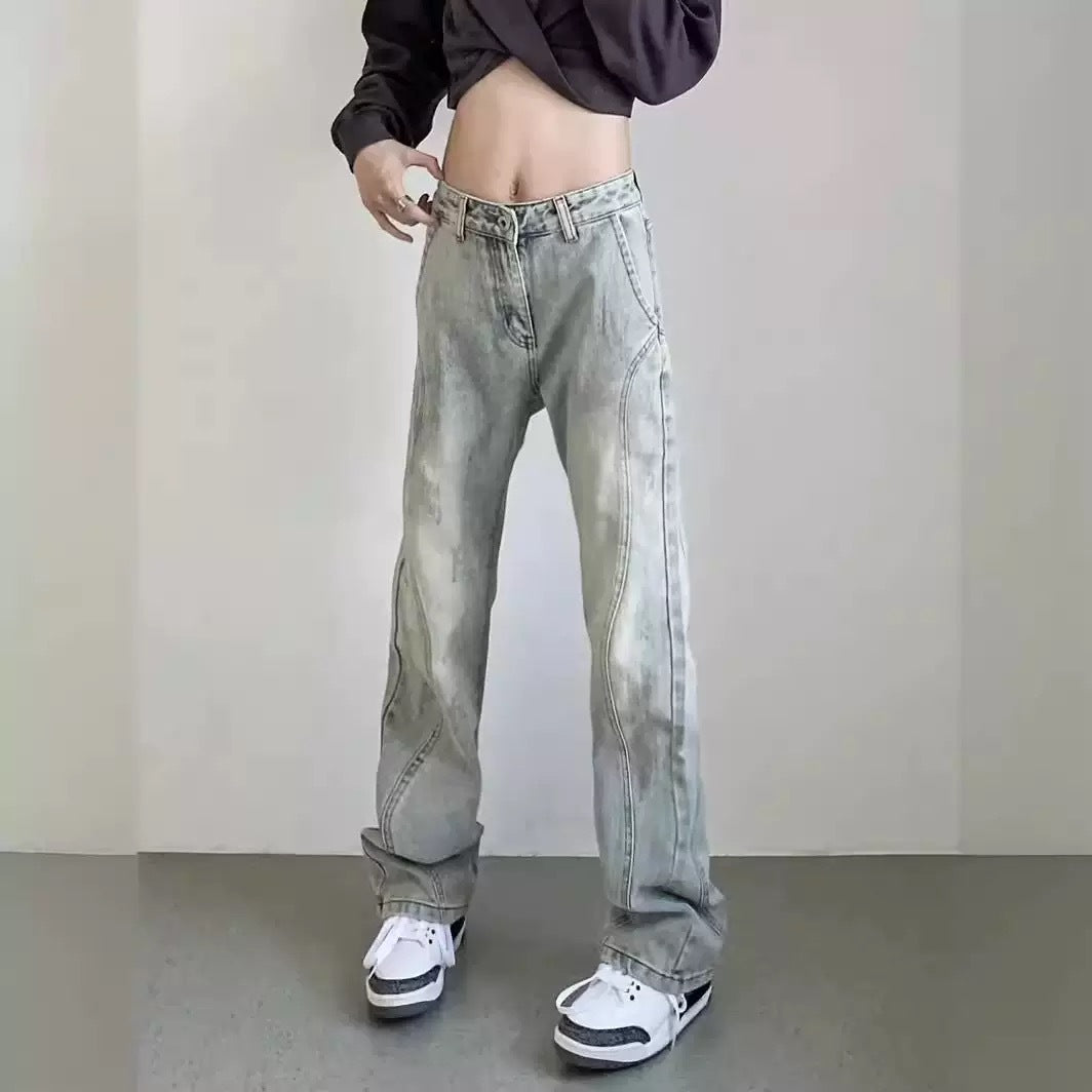 Damen weite High-Waist Denim-Jeans mit distressed Optik und bequemen Seitentaschen EB
