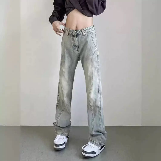 Damen weite High-Waist Denim-Jeans mit distressed Optik und bequemen Seitentaschen EB